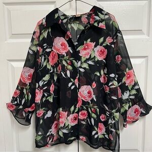 Notations Blouse Black with Pink Roses Long Sleeve Size 2X